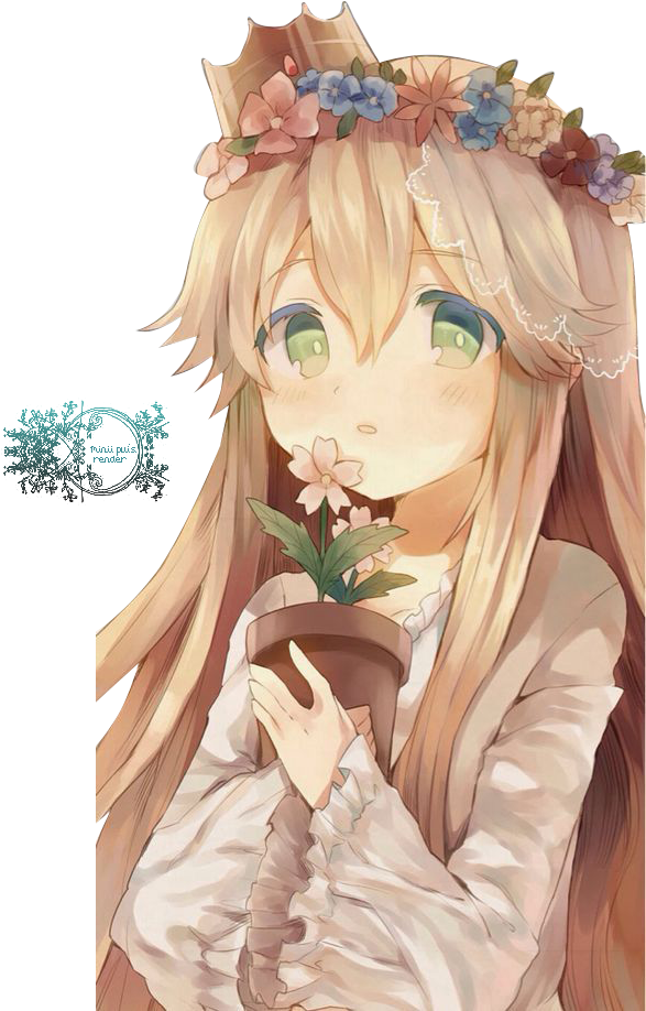 Flower Crown Girl Render By Pui - Anime Girl With Flower Crown Clipart (587x918), Png Download