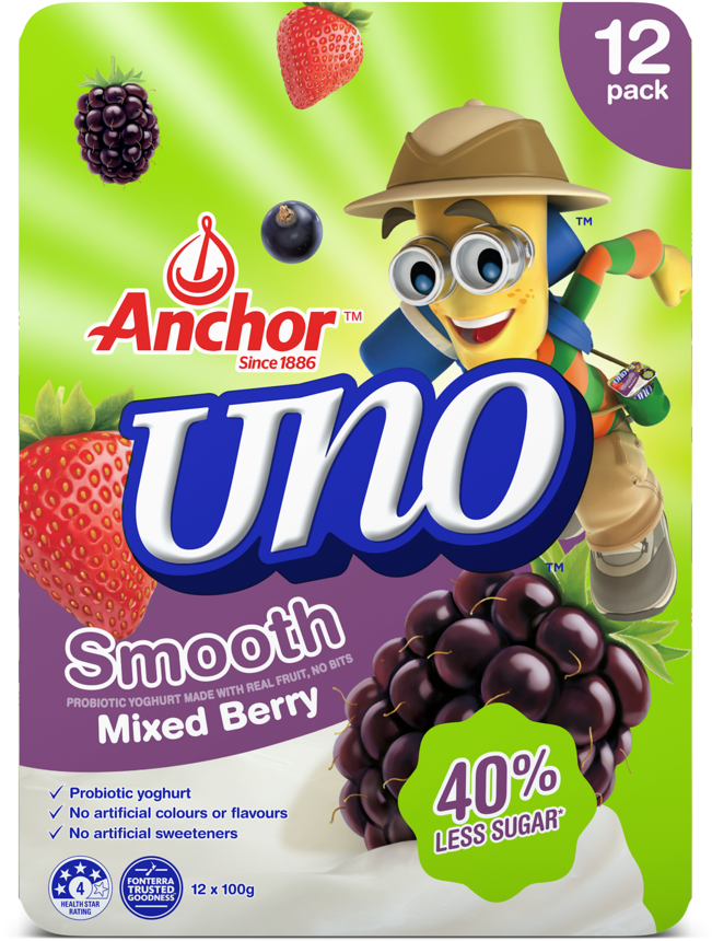 Anchor Uno Mixed Berry Yoghurt 12 X 100g Pack - Snack Clipart (1058x1280), Png Download