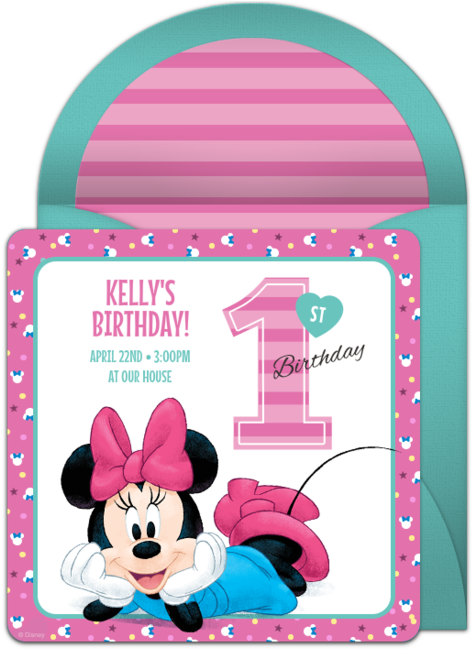Minnie Mouse 1st Online Invitation - Pink And Teal Minnie Mouse Birthday Clipart (650x650), Png Download