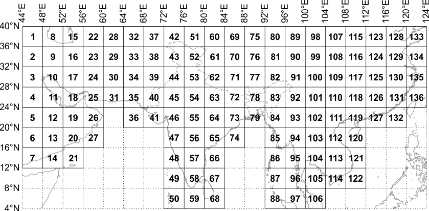 India And Adjacent Countries Map Numbering 4°×4° Index - Times Table Grid Clipart (839x412), Png Download