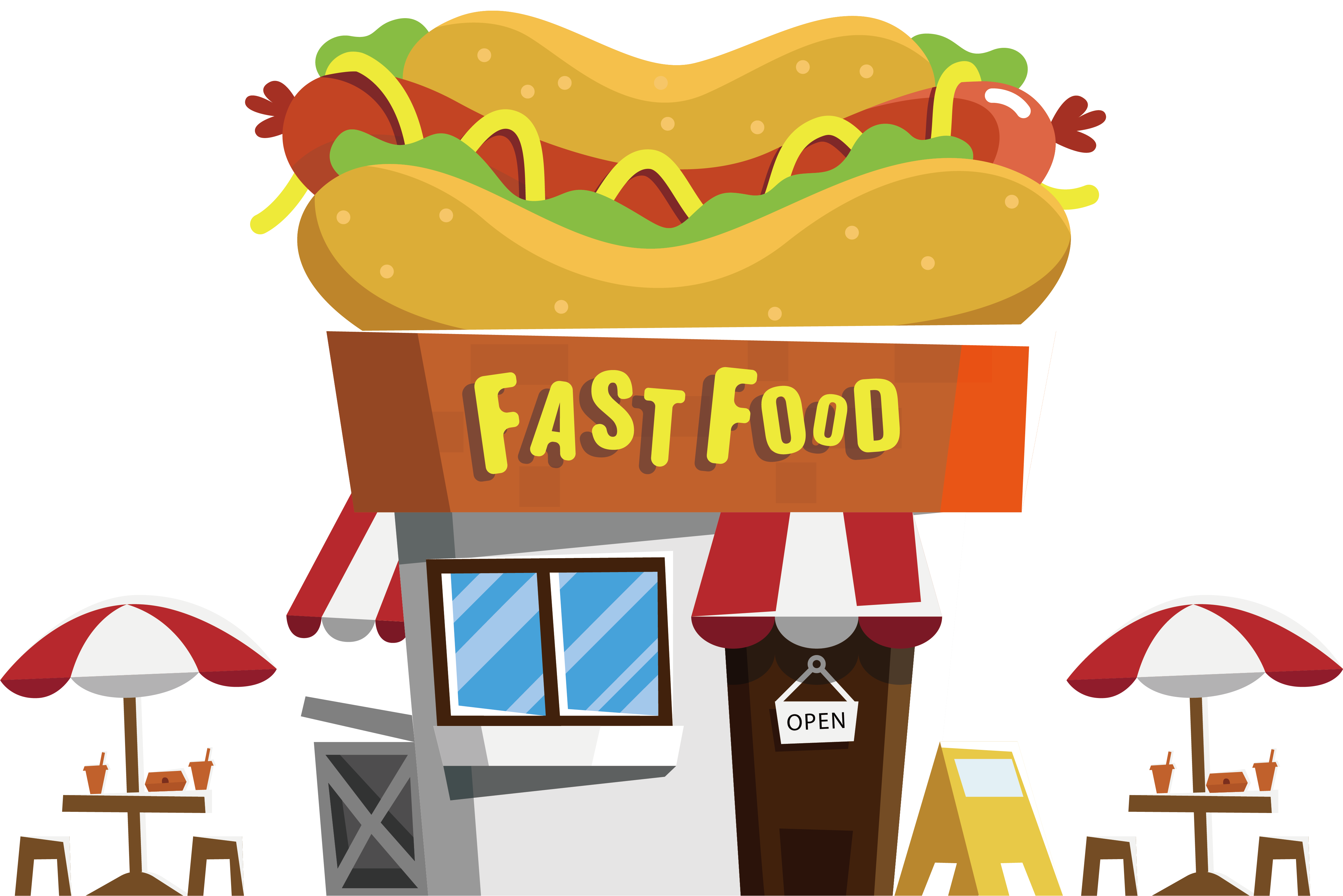 Hot Dog Fast Food Restaurant Buffet - Fast Food Restaurant Cartoon Png Clipart (4661x3109), Png Download