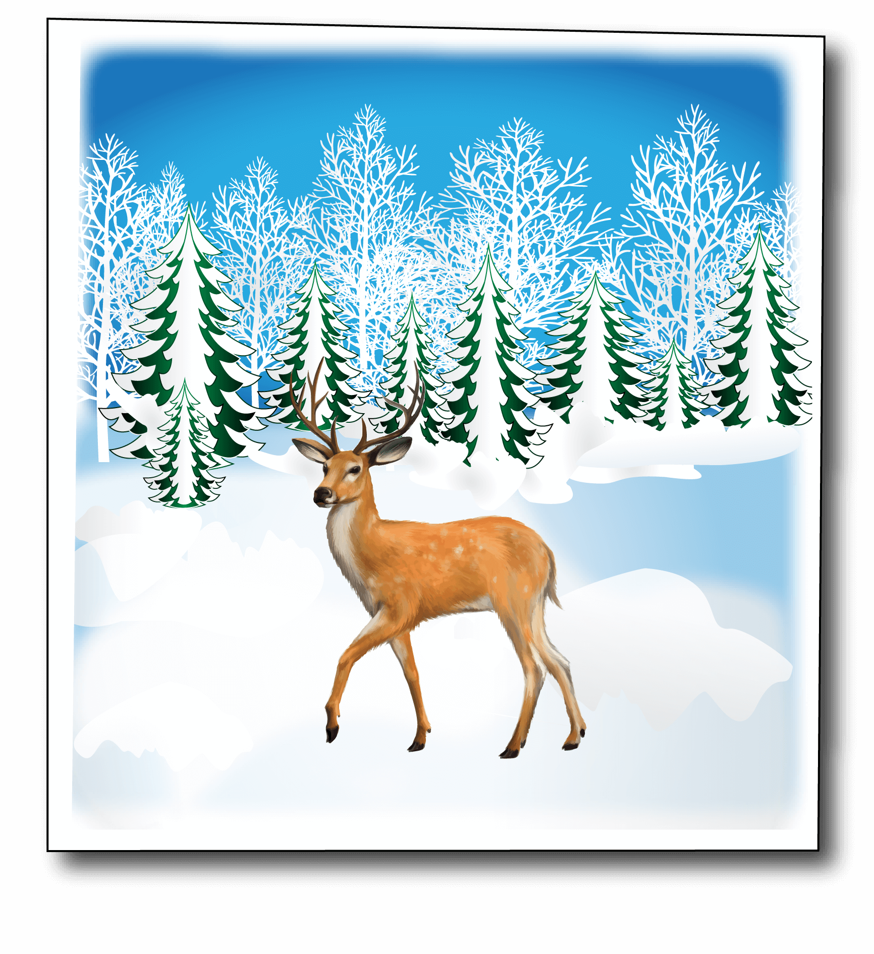 Deer On Frozen Lake Snow Trees Christmas Card Cc530 - Food Chain Grass Deer Lion Clipart (1732x1891), Png Download