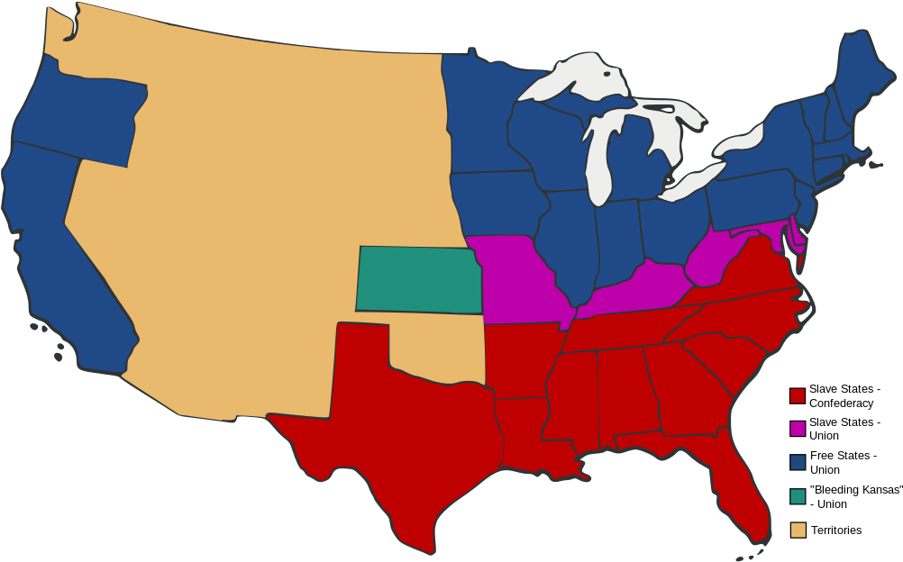 Slave And Free States Before The American Civil War - Us Map 1861 Clipart (1024x635), Png Download