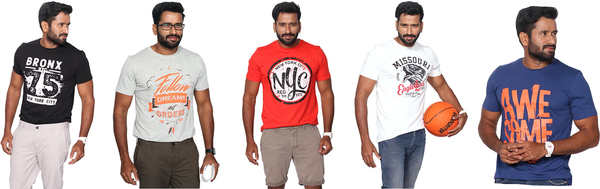 Pack Of 5 Men`s Printed T Shirts Clipart (2500x658), Png Download