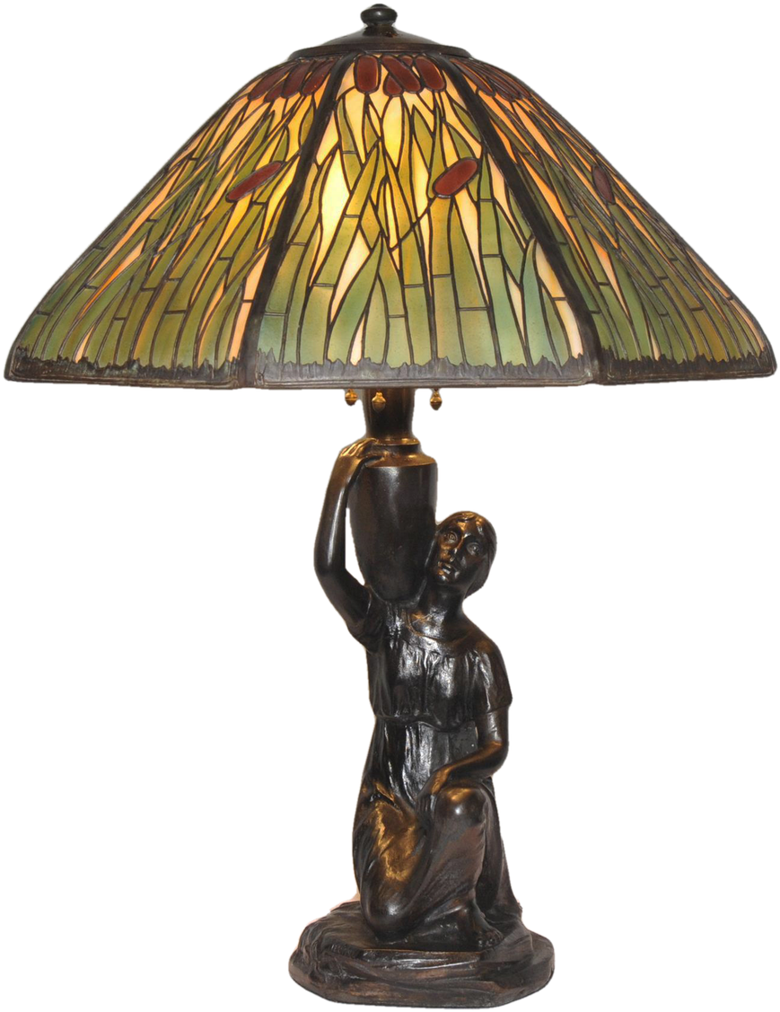 Antique Handel Cattail Overlay Lamp Table Lamp With - Stained Glass Clipart (1022x1280), Png Download