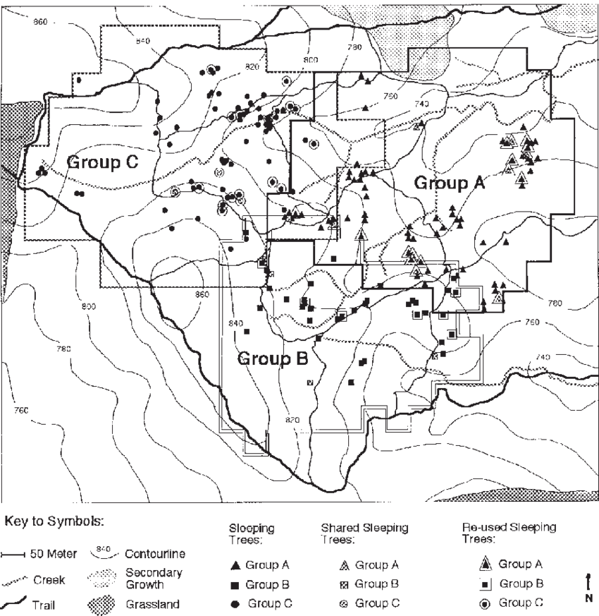 Outline Of Home Ranges And Location Of Sleeping Trees - Map Clipart (850x873), Png Download