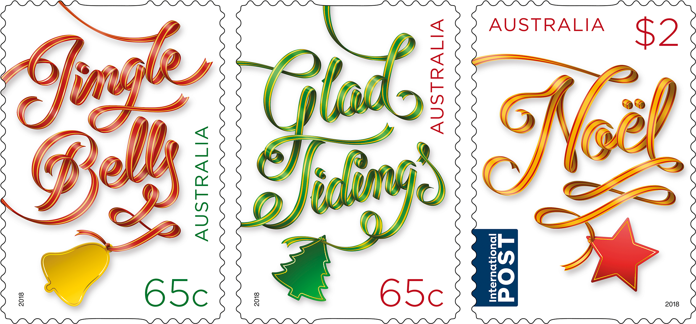 Secular Christmas Designs - Christmas Stamps 2018 Australia Clipart (2400x1145), Png Download