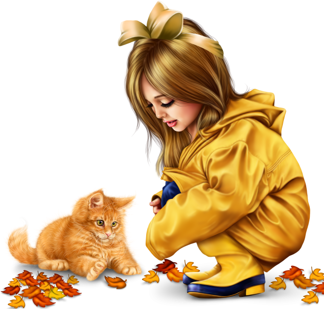 Little Girl In Raincoat With A Kitty Png - Psp Tubes Automne Clipart (640x640), Png Download