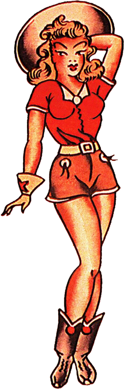 Sailor Jerry Vintage Tattoo Designs, Red Cow Girl, - Traditional Classic Pin Up Girl Tattoo Clipart (439x1300), Png Download