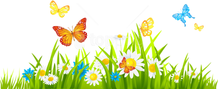 Free Png Download Grass Ground With Flowers And Butterflies - Grass With Flower Clipart Transparent Png (850x366), Png Download
