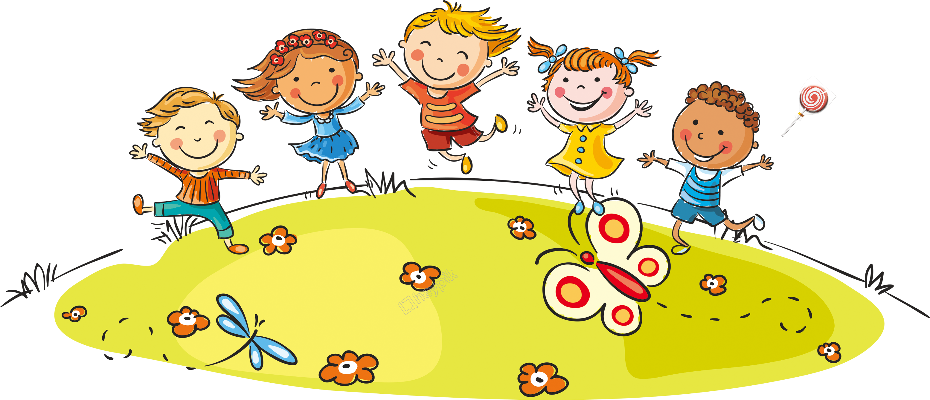 Hand Painted Cartoon Children Playing Decoratives - Cartoon Of People Under A Rainbow Clipart (3110x1339), Png Download