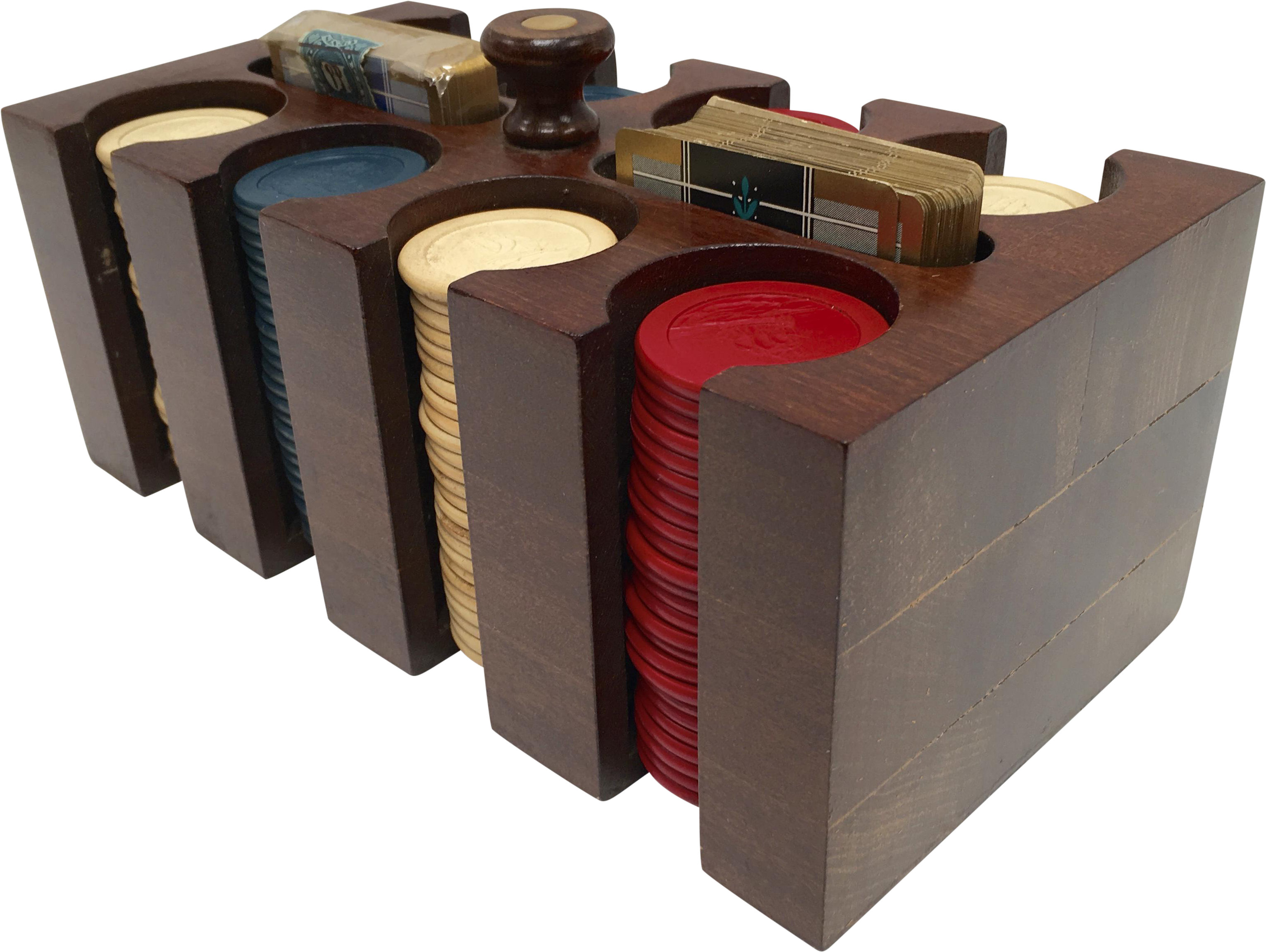 1930s Vintage Clay Poker Chips In Wood Carrying Case - Plywood Clipart (3402x2558), Png Download