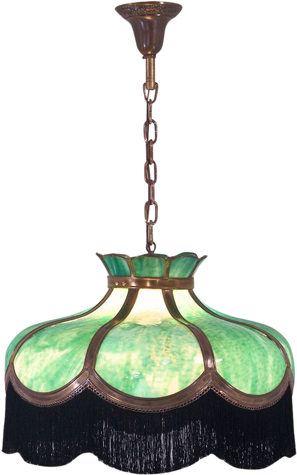 Antique Bent Green Slag Glass & Brass Hanging Light - Ceiling Fixture Clipart (606x968), Png Download