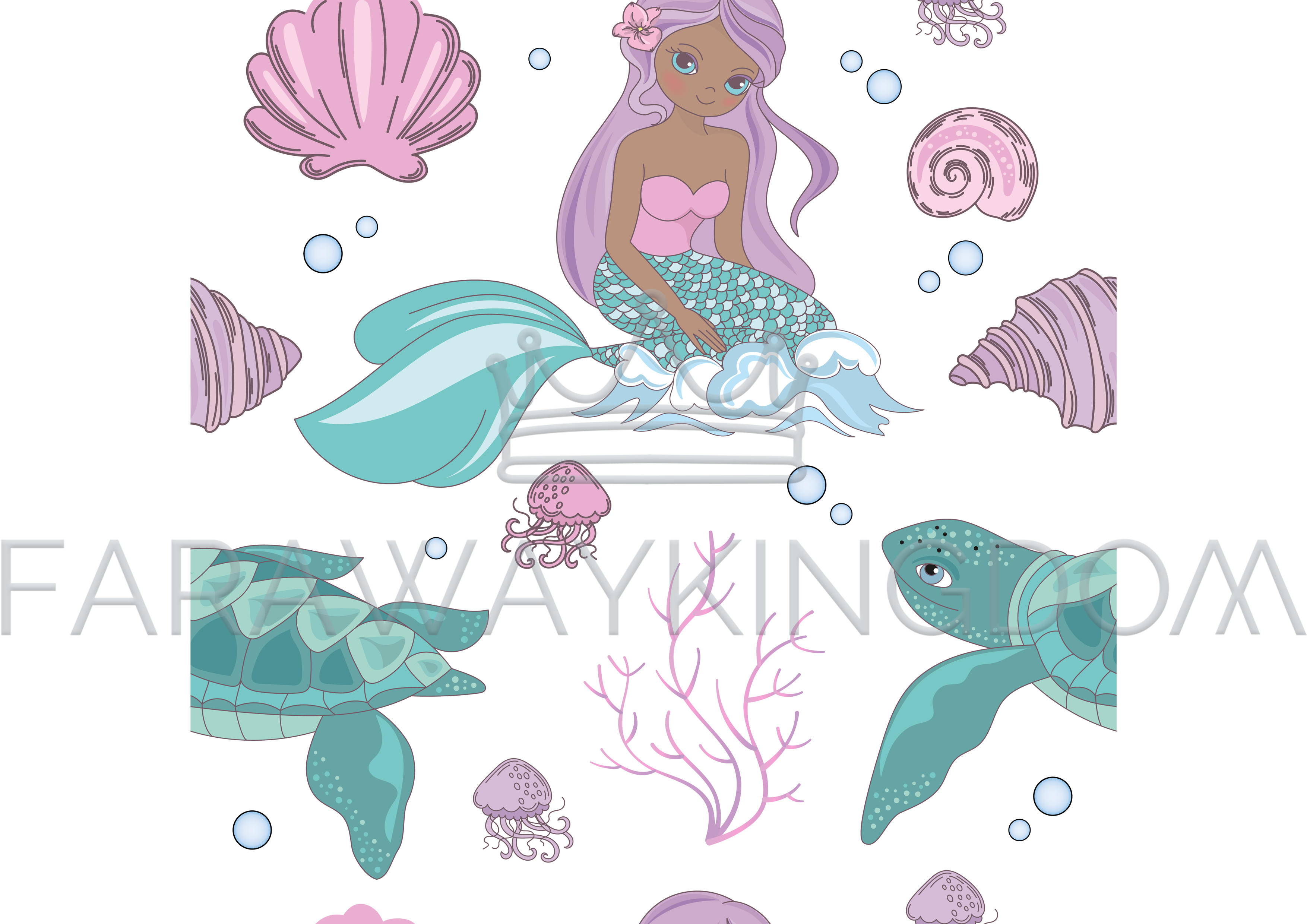 Sea Wave Mermaid Princess Seamless Pattern Vector Illustration - Illustration Clipart (3508x2480), Png Download