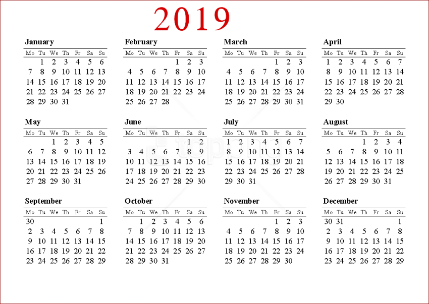 Free Png Download 2019 Calendar Hd Png Png Images Background - Year Free Printable 2019 Calendar Clipart (850x603), Png Download