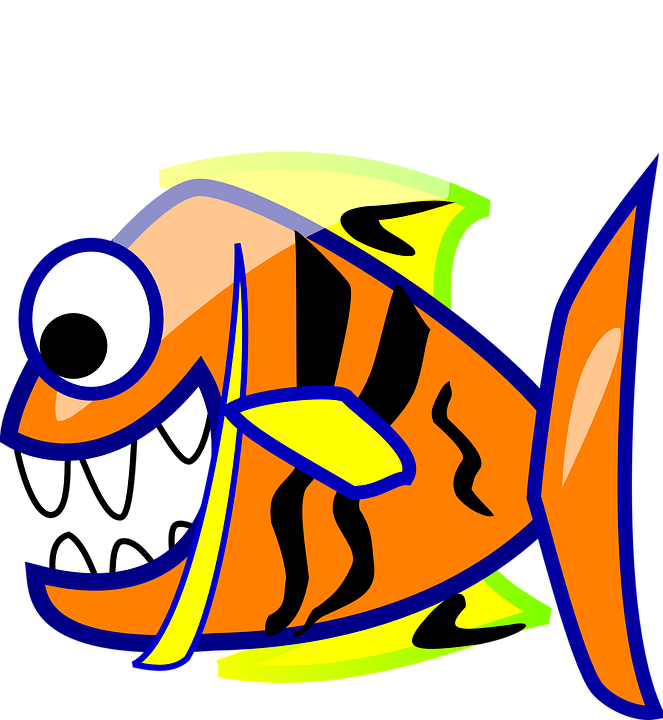 Piranha, Fish, Piraña, Orange, Stripes, Cartoon, Comic - Gambar Kartun Ikan Piranha Clipart (663x720), Png Download