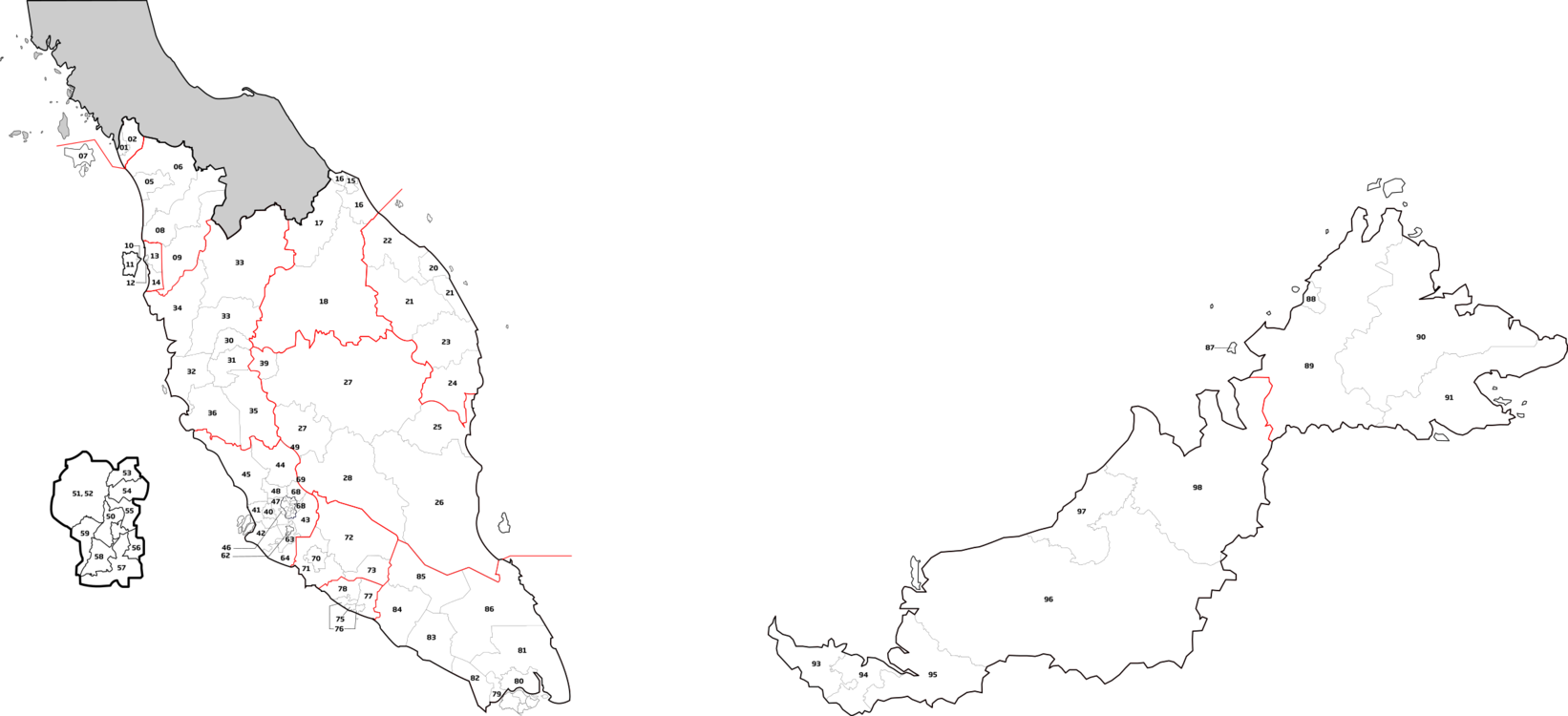 Peninsular Malaysia Blank Map Sabah Sarawak - Malaysia Postal Code Map Clipart (1642x750), Png Download