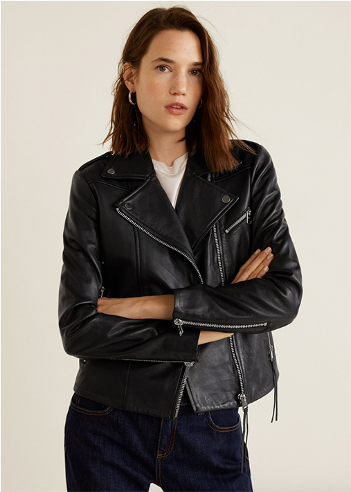 Real Leather Biker Jacket - Women In Leather Jacket Clipart (606x709), Png Download