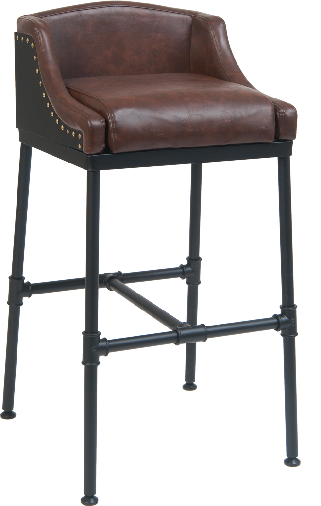 Metal Bar Stool W/ Brown Vinyl Seat & Back, Pipe Footrest Bar Stool