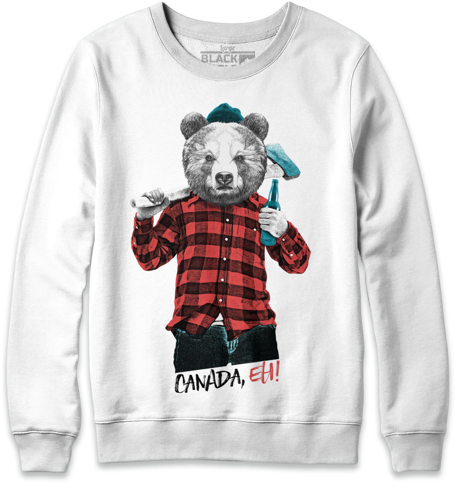 Lumberjack Bear With Beer White Crewneck Sweatshirt Clipart (931x988), Png Download