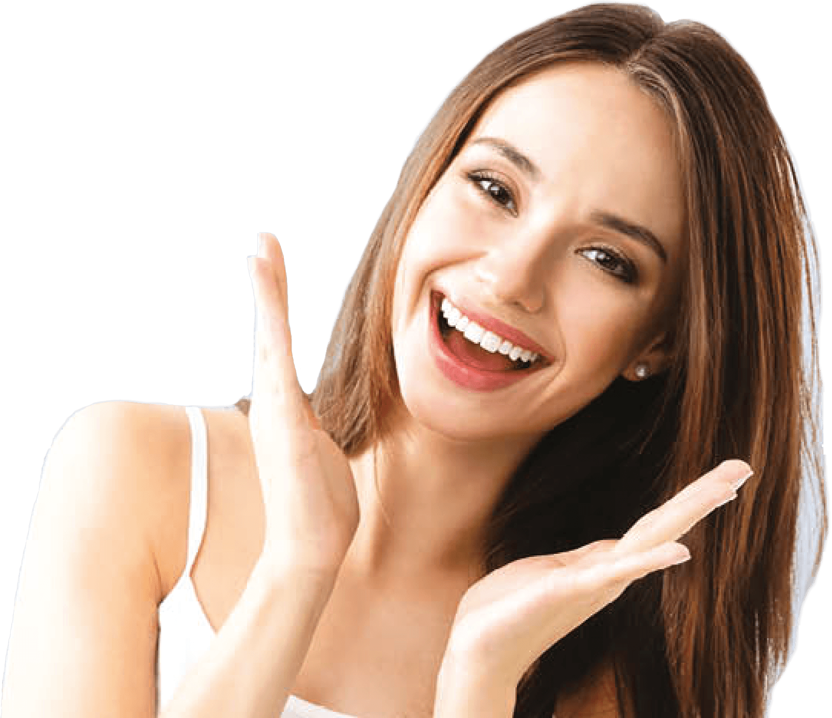 Dental Care For The Whole Family - Young Woman Showing Smile In Casual Smart Clothing Clipart (1627x1404), Png Download