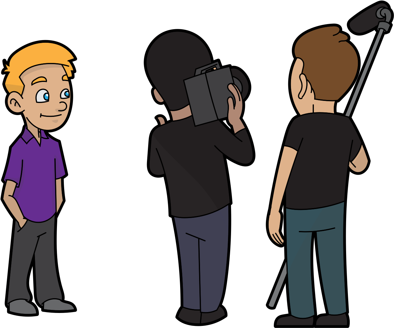 Cartoon Guy Being Filmed By A Camera Crew For A Marketing - Cartoon Clipart (1609x1368), Png Download