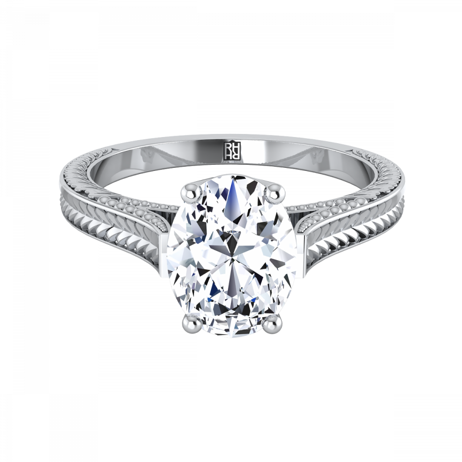 Oval Antique Inspired Engraved Diamond Engagement Ring - Engagement Ring Oval Diamond With Side Stones Rose Clipart (900x900), Png Download