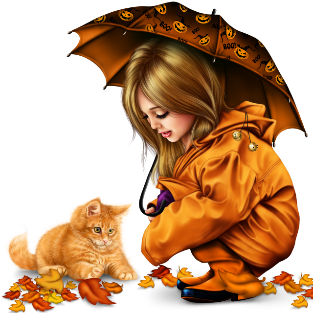 Little Girl In Raincoat With A Kitty Png - Drawing Clipart (640x640), Png Download