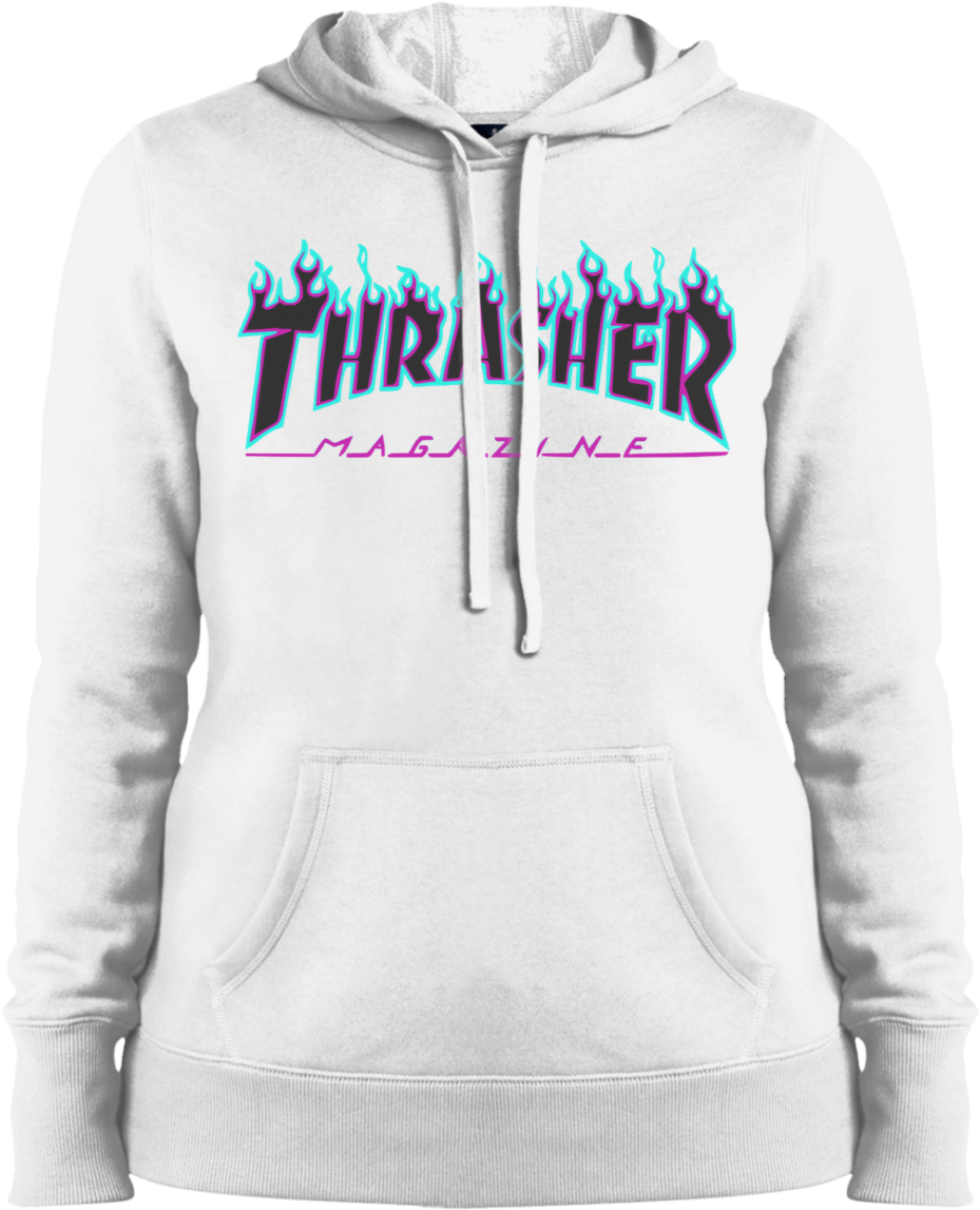 Thrasher Puple Flame Logo Ladies Pullover Hoodie - Sweatshirt Clipart (929x1147), Png Download