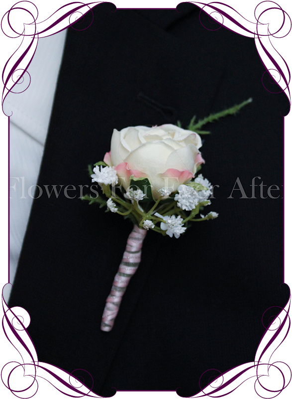 Silk Artificial Cream Blush Rose And Baby's Breath - Wedding Groomsmen Boutonniere White Clipart (608x822), Png Download