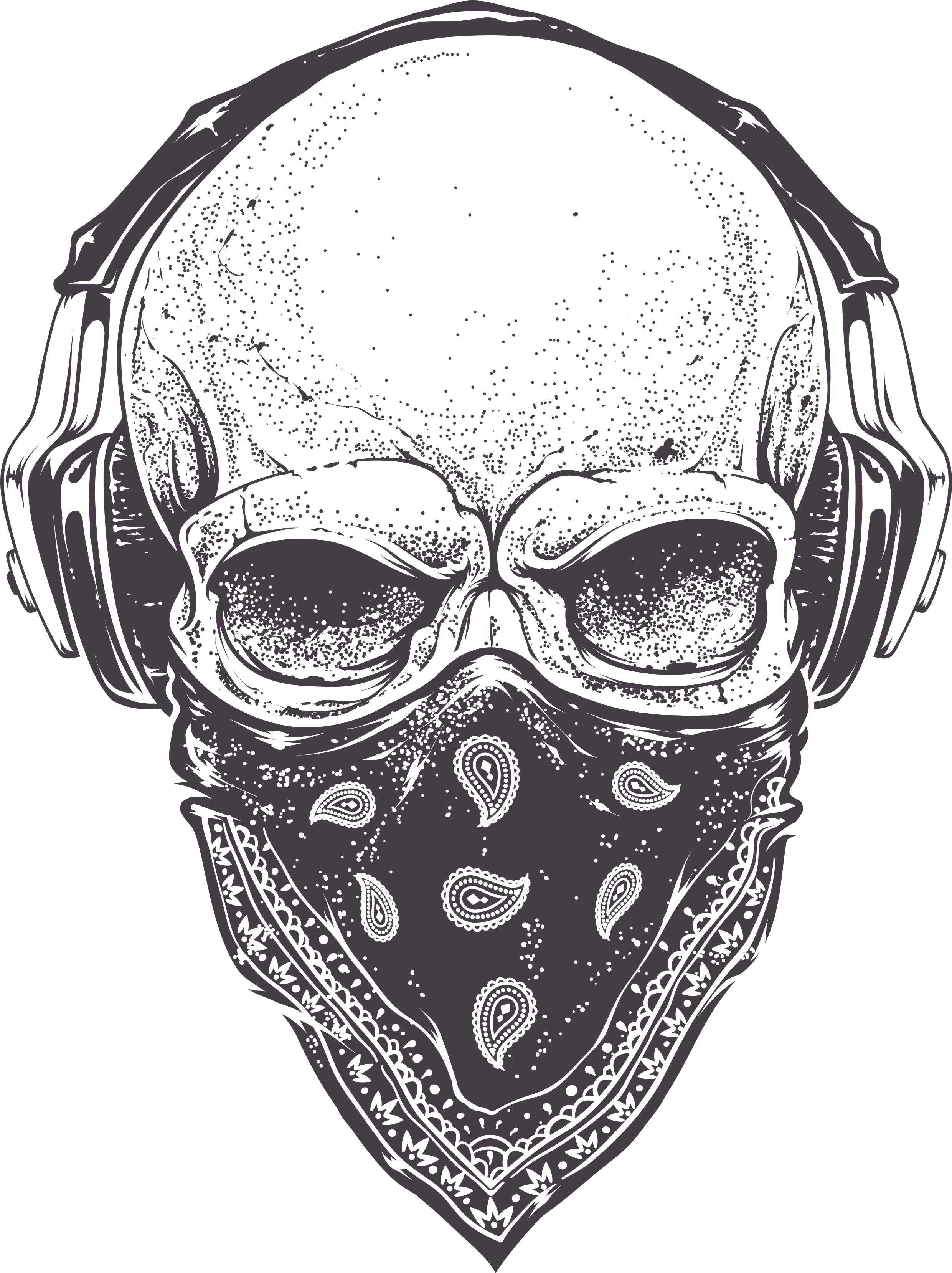 Banner Drawing Skull - Skull With Headphones And Bandana Clipart (2740x3600), Png Download