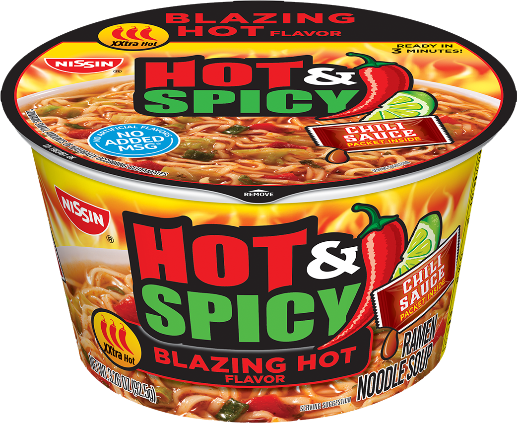 Nissin Bowl Noodles Hot And Spicy Blazing Hot Flavor - Nissin Hot And Spicy Blazing Hot Clipart (1230x853), Png Download