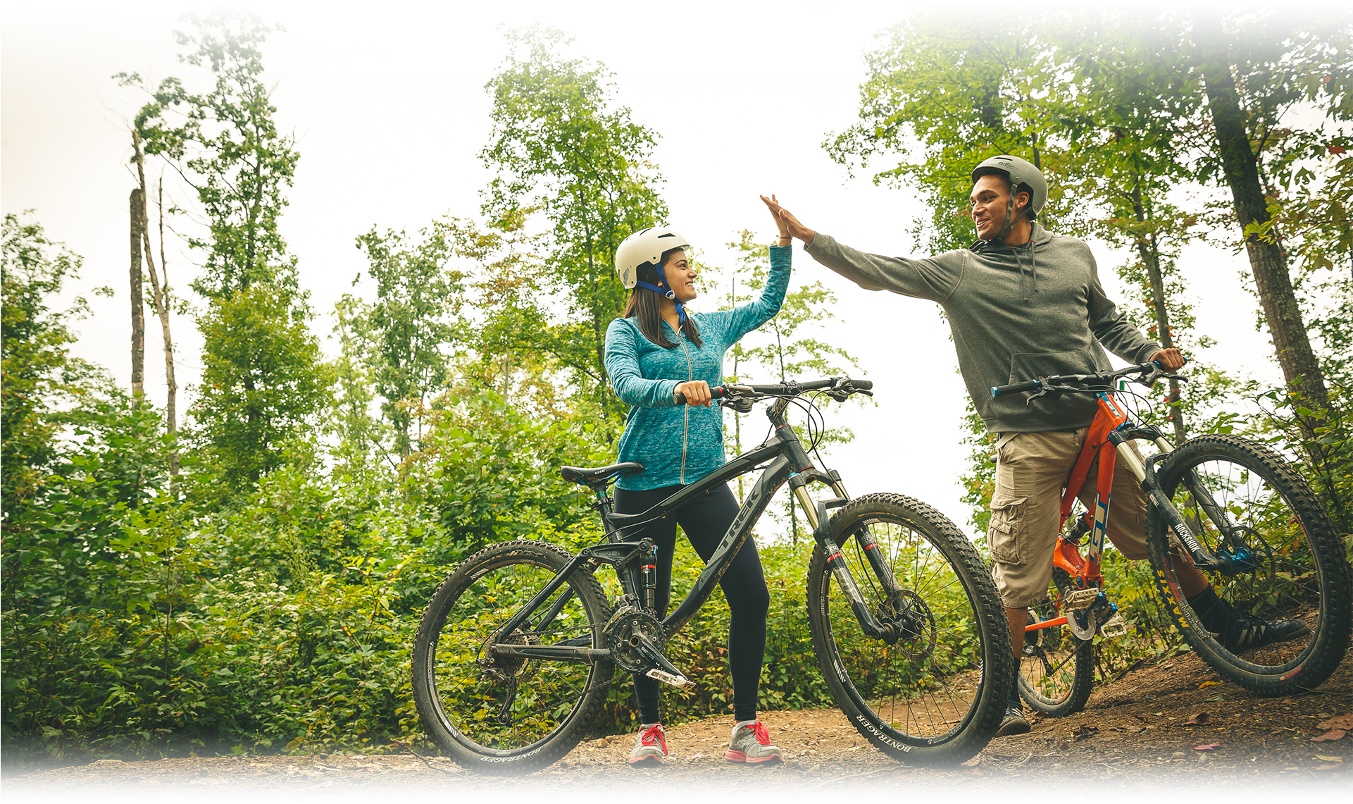Two Scouts High Five On Bicycles - Mountain Bike Clipart (1920x1197), Png Download