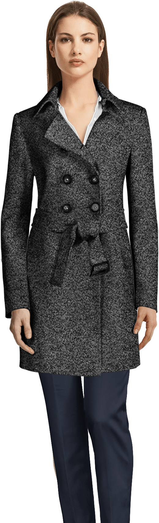 Grey Belted Double Breasted Coat - Skirt Womens Tweed Suit Clipart (655x1740), Png Download