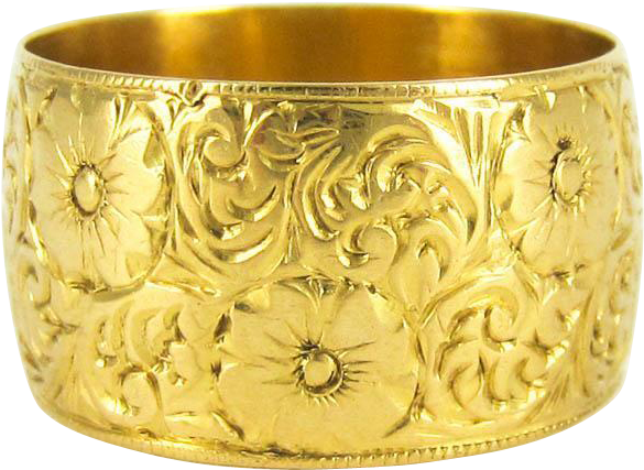 Wide 22 Carat Gold Engraved Floral Wedding Ring, Vintage - Bangle Clipart (584x584), Png Download
