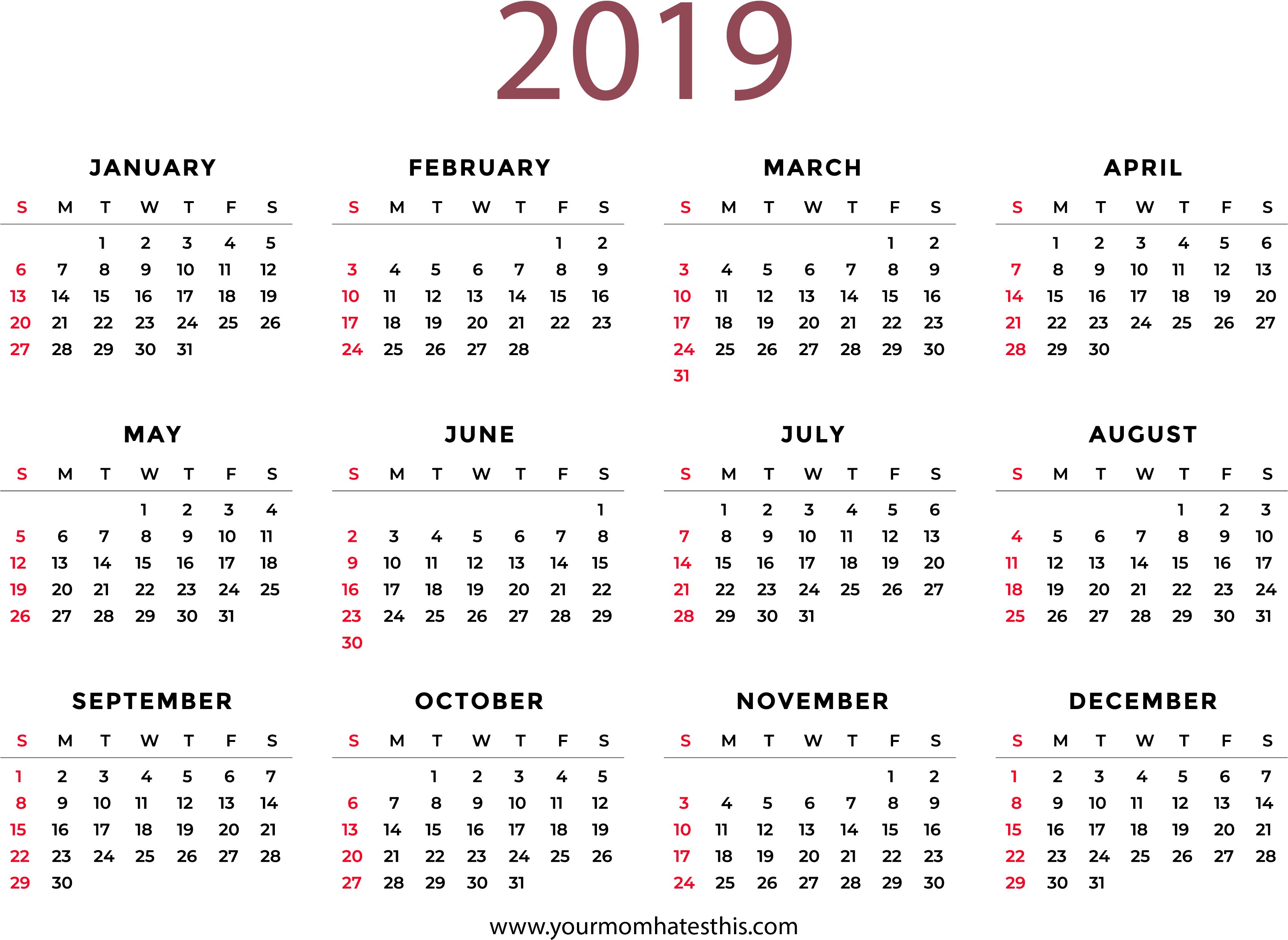 Printable - Full Year 2019 Calendar Clipart (3326x2499), Png Download