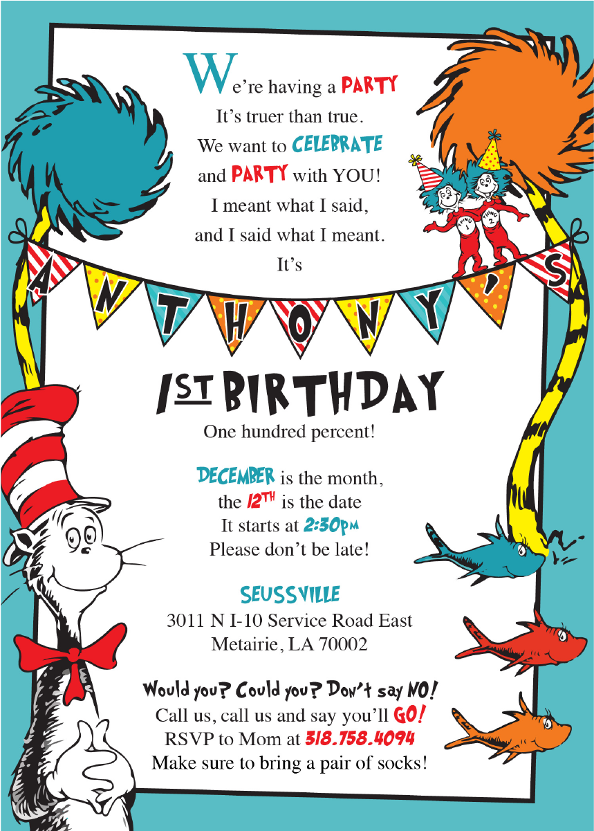 Seuss Birthday Invitations - Dr Seuss Birthday Invite Clipart (1200x1200), Png Download