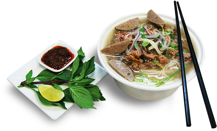 Beef Noodle Soup With Meat Ball - Pho Meal Transparent Background Clipart (757x458), Png Download