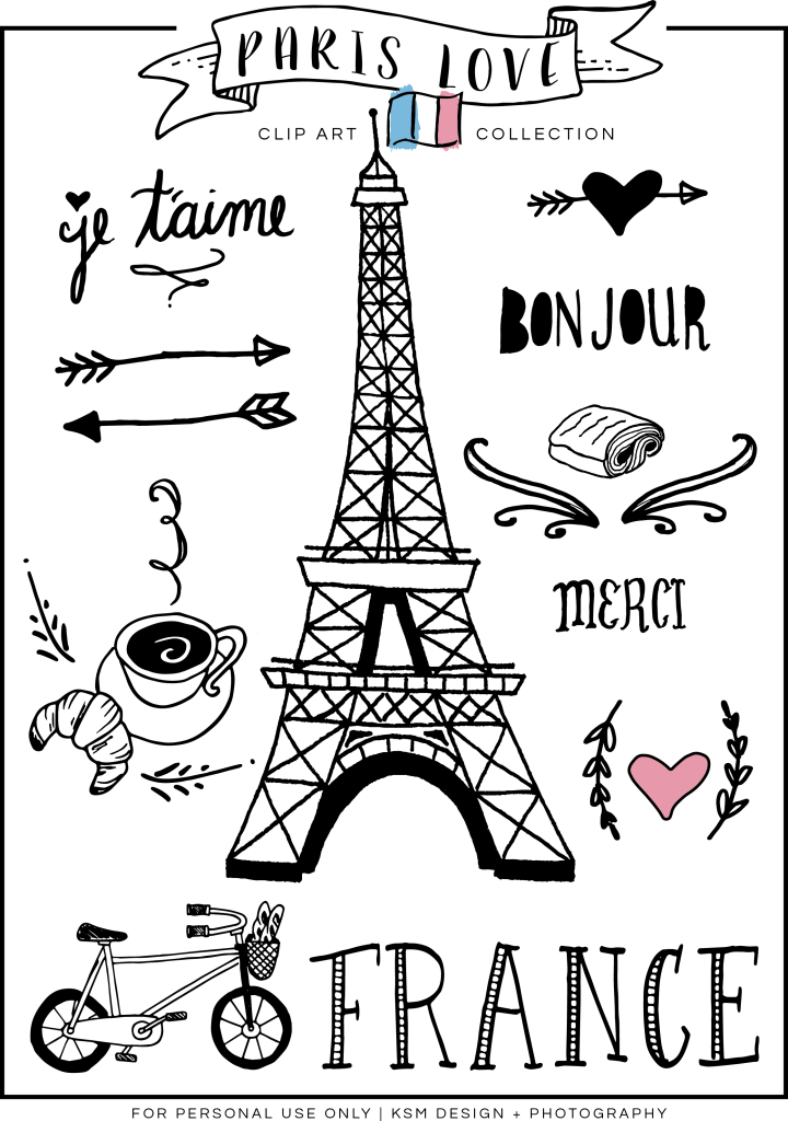 Paris Love Clipart {free Download} - France Clipart Black And White - Png Download (720x1024), Png Download