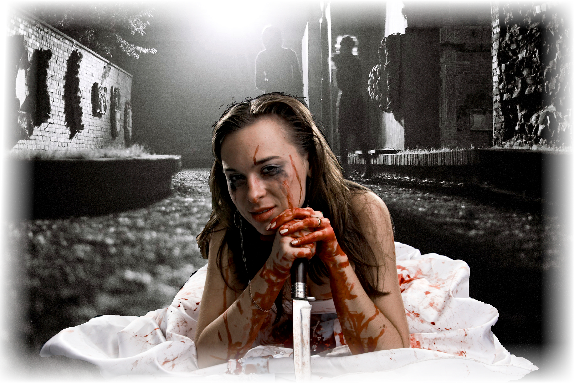 Edged In Blue - Woman Holding A Bloody Knife Clipart (1840x1232), Png Download