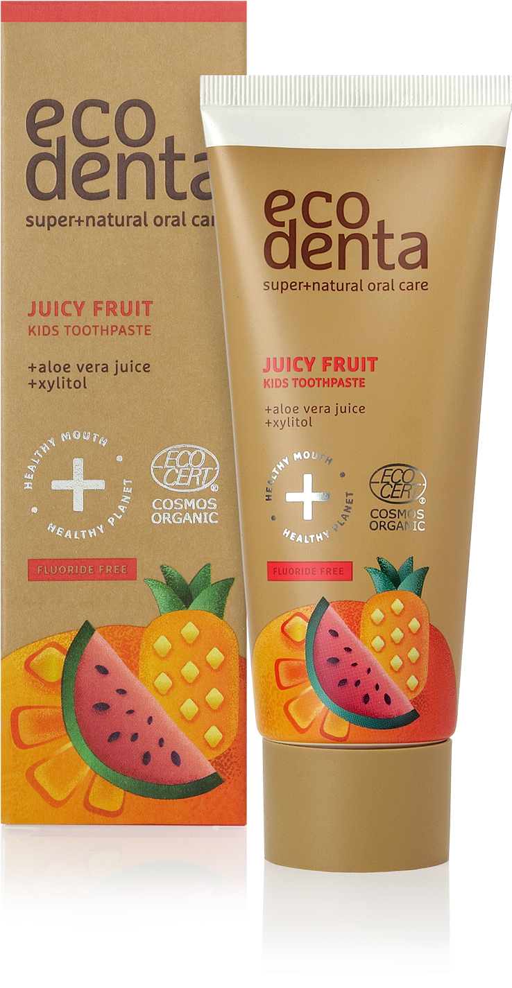 4770001001400 Ecodentajuicy Fruit 1539148960 - Ecodenta Cosmos Organic Juicy Fruit Toothpaste 75ml Clipart (900x1620), Png Download