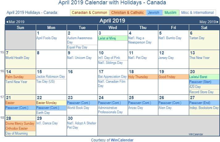 April 2019 Calendar Canada - 2019 Calendar Canada Holidays Clipart (720x472), Png Download