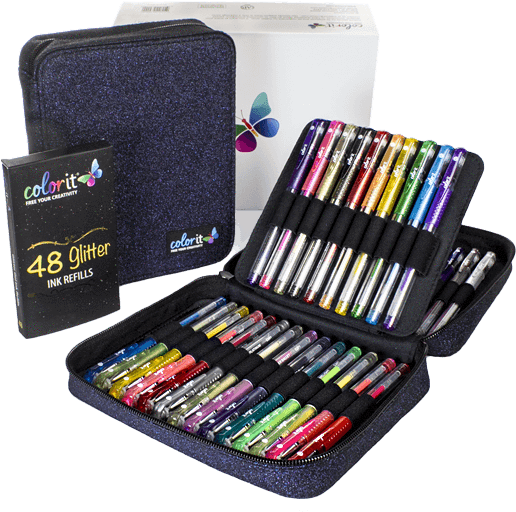 48 Glitter Gel Pen Set, 48 Ink Refills, Travel Case - Colorit Pen Clipart (515x600), Png Download