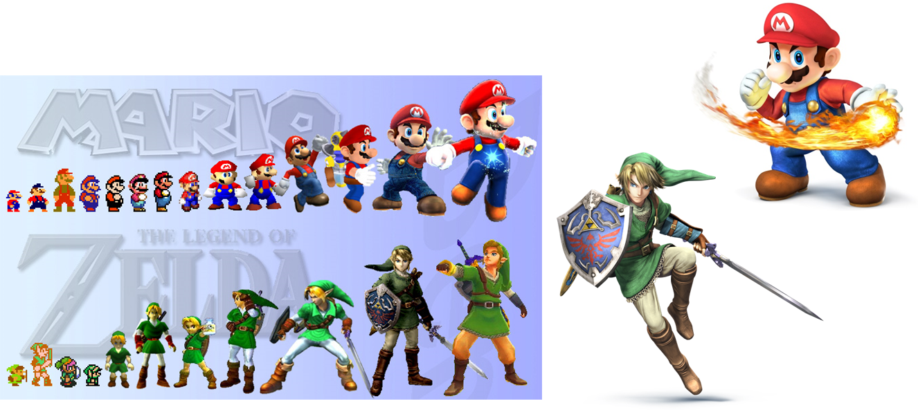 Mario And Link Graphic Updates - Nintendo Characters 8 Bit Clipart (1326x593), Png Download