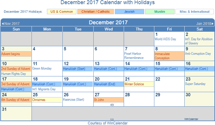 Printable December 2017 Calendar - December Holiday Calendar 2017 Clipart (728x433), Png Download