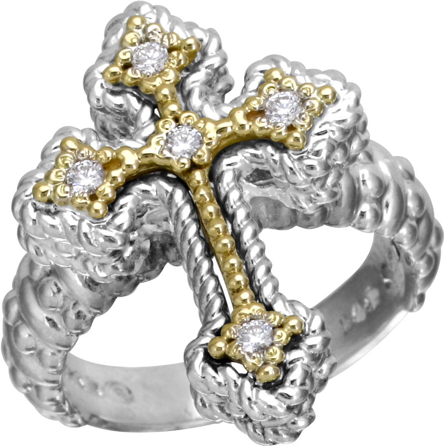 Vahan Sterling Silver And 14k Yellow Gold Cross Ring - Engagement Ring Clipart (1124x1124), Png Download