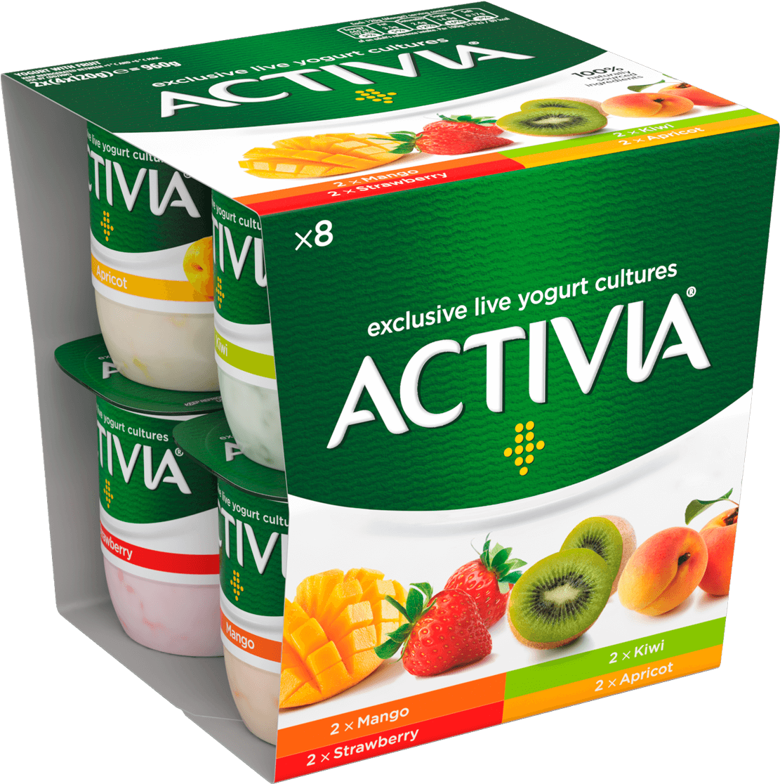 Mango Strawberry Kiwi Apricot - Activia Yoghurts Clipart (1124x1126), Png Download