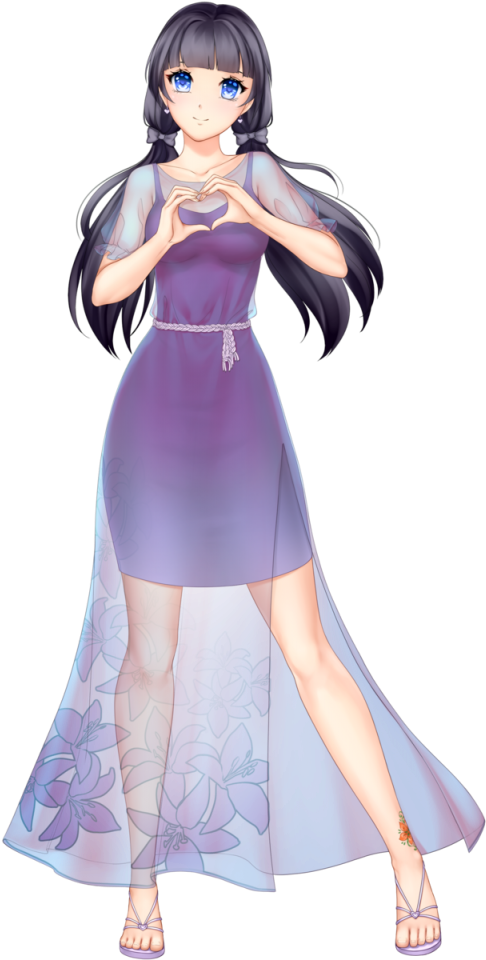 Anime Girl With Black Hair Long Hair Two Braids Himari - Anime Girl With Black Hair And Purple Eyes Clipart (751x1024), Png Download