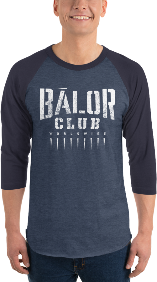 Finn Bàlor "bàlor Club Worldwide" 3/4 Sleeve Raglan - Balor Club Written On A Blue Shirt Clipart (501x901), Png Download