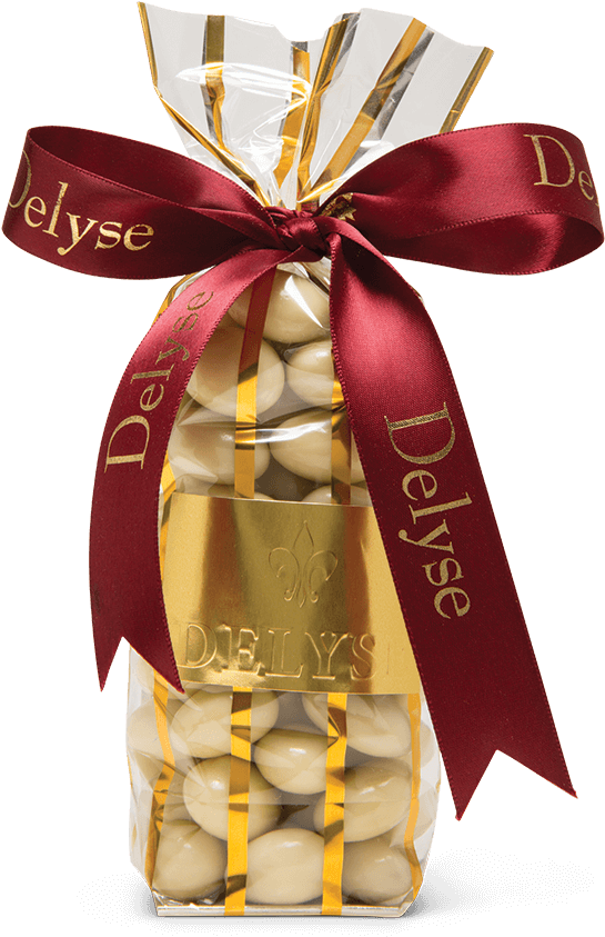 White Chocolate Praline Almonds Gold Bag Red Ribbon - Gift Wrapping Clipart (545x843), Png Download